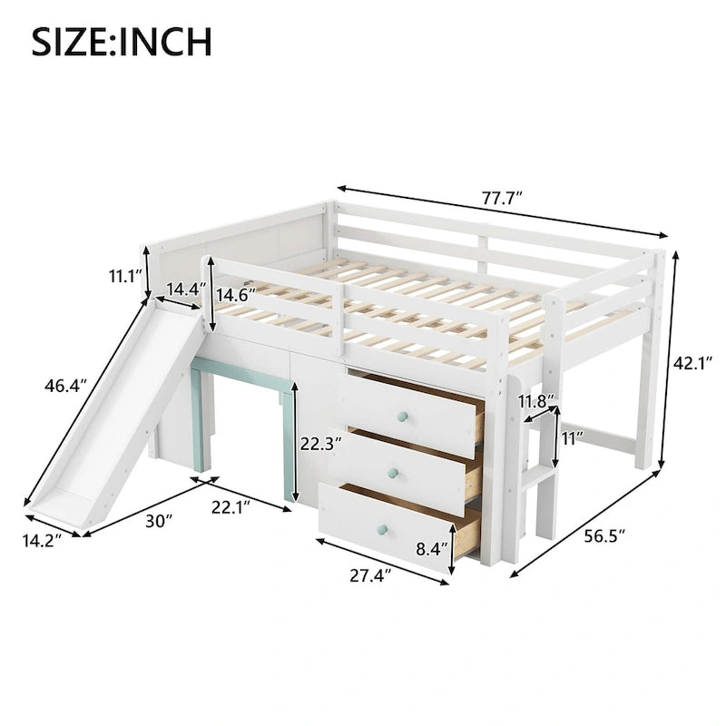 Letto a Soppalco Basso Full Size con Scivolo Incorporato, Struttura del Letto in Legno Massello con 3 Cassetti Portaoggetti e 2 Ante per Camera da Letto di Bambini e Ragazzi