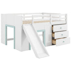 Letto a Soppalco Basso Full Size con Scivolo Incorporato, Struttura del Letto in Legno Massello con 3 Cassetti Portaoggetti e 2 Ante per Camera da Letto di Bambini e Ragazzi
