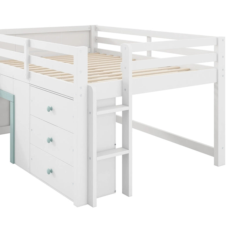 Letto a Soppalco Basso Full Size con Scivolo Incorporato, Struttura del Letto in Legno Massello con 3 Cassetti Portaoggetti e 2 Ante per Camera da Letto di Bambini e Ragazzi