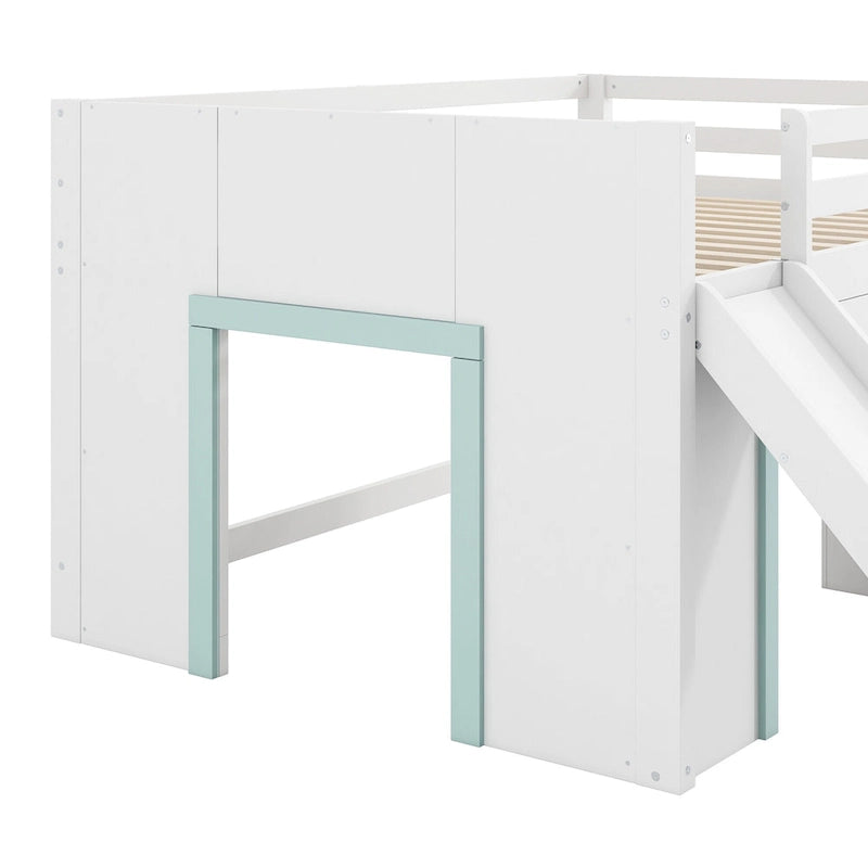 Letto a Soppalco Basso Full Size con Scivolo Incorporato, Struttura del Letto in Legno Massello con 3 Cassetti Portaoggetti e 2 Ante per Camera da Letto di Bambini e Ragazzi
