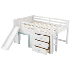 Letto a Soppalco Basso Full Size con Scivolo Incorporato, Struttura del Letto in Legno Massello con 3 Cassetti Portaoggetti e 2 Ante per Camera da Letto di Bambini e Ragazzi