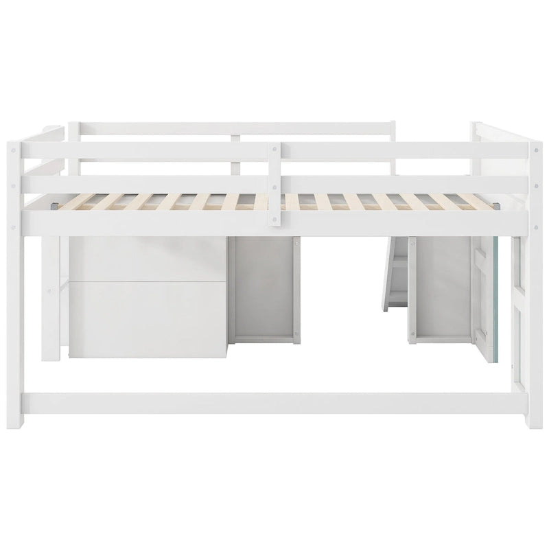 Letto a Soppalco Basso Full Size con Scivolo Incorporato, Struttura del Letto in Legno Massello con 3 Cassetti Portaoggetti e 2 Ante per Camera da Letto di Bambini e Ragazzi