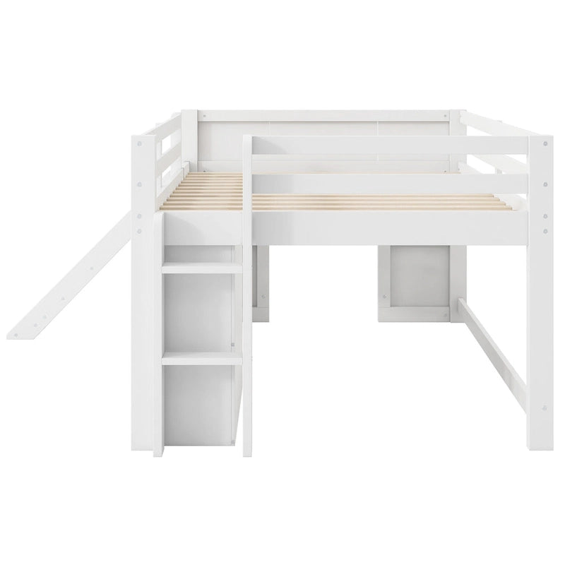 Letto a Soppalco Basso Full Size con Scivolo Incorporato, Struttura del Letto in Legno Massello con 3 Cassetti Portaoggetti e 2 Ante per Camera da Letto di Bambini e Ragazzi