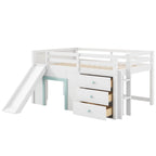 Letto a Soppalco Basso Full Size con Scivolo Incorporato, Struttura del Letto in Legno Massello con 3 Cassetti Portaoggetti e 2 Ante per Camera da Letto di Bambini e Ragazzi