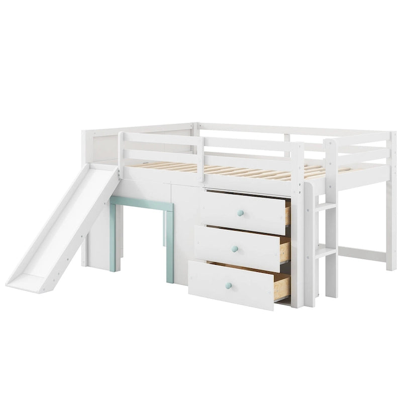Letto a Soppalco Basso Full Size con Scivolo Incorporato, Struttura del Letto in Legno Massello con 3 Cassetti Portaoggetti e 2 Ante per Camera da Letto di Bambini e Ragazzi