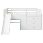 Letto a Soppalco Basso Full Size con Scivolo Incorporato, Struttura del Letto in Legno Massello con 3 Cassetti Portaoggetti e 2 Ante per Camera da Letto di Bambini e Ragazzi