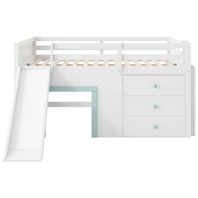 Letto a Soppalco Basso Full Size con Scivolo Incorporato, Struttura del Letto in Legno Massello con 3 Cassetti Portaoggetti e 2 Ante per Camera da Letto di Bambini e Ragazzi