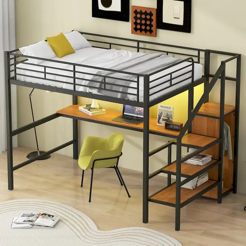 Letto a soppalco in metallo full size con scrivania e armadio piccolo, letto a soppalco a LED salvaspazio con struttura robusta e scala contenitore