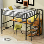 Letto a soppalco in metallo full size con scrivania e armadio piccolo, letto a soppalco a LED salvaspazio con struttura robusta e scala contenitore