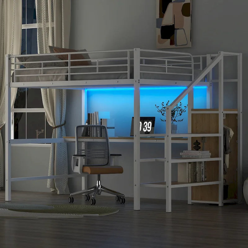 Letto a soppalco in metallo full size con scrivania e armadio piccolo, letto a soppalco a LED salvaspazio con struttura robusta e scala contenitore