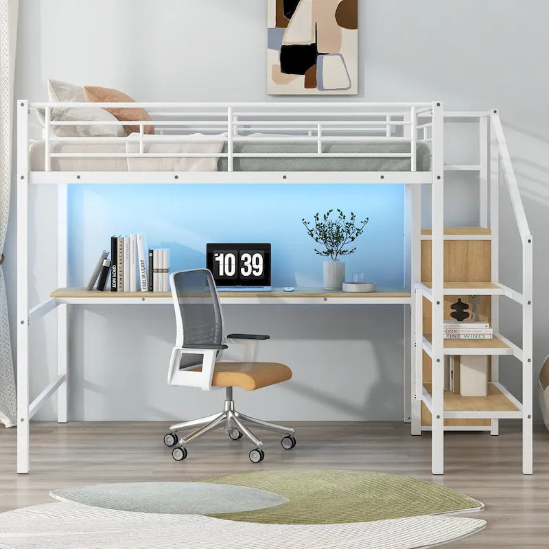 Letto a soppalco in metallo full size con scrivania e armadio piccolo, letto a soppalco a LED salvaspazio con struttura robusta e scala contenitore