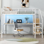 Letto a soppalco in metallo full size con scrivania e armadio piccolo, letto a soppalco a LED salvaspazio con struttura robusta e scala contenitore