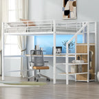 Letto a soppalco in metallo full size con scrivania e armadio piccolo, letto a soppalco a LED salvaspazio con struttura robusta e scala contenitore