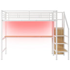 Letto a soppalco in metallo full size con scrivania e armadio piccolo, letto a soppalco a LED salvaspazio con struttura robusta e scala contenitore
