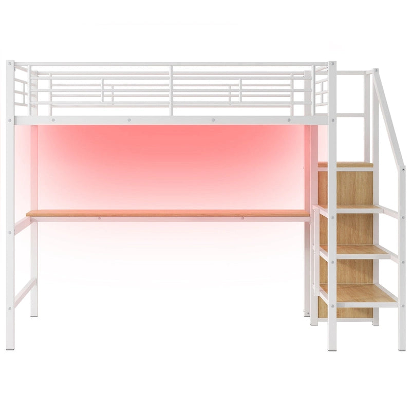 Letto a soppalco in metallo full size con scrivania e armadio piccolo, letto a soppalco a LED salvaspazio con struttura robusta e scala contenitore