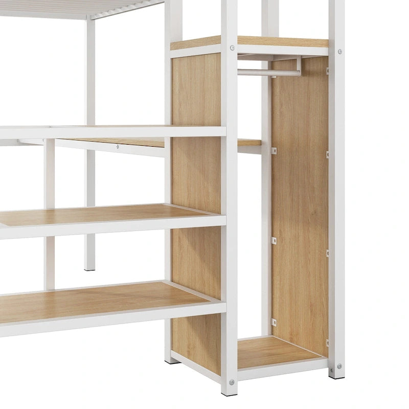 Letto a soppalco in metallo full size con scrivania e armadio piccolo, letto a soppalco a LED salvaspazio con struttura robusta e scala contenitore