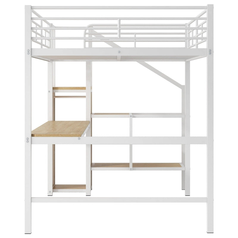 Letto a soppalco in metallo full size con scrivania e armadio piccolo, letto a soppalco a LED salvaspazio con struttura robusta e scala contenitore