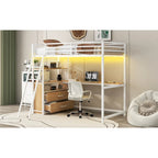 Letto a soppalco matrimoniale in metallo e legno con scrivania, mensole, luci LED e ricarica USB