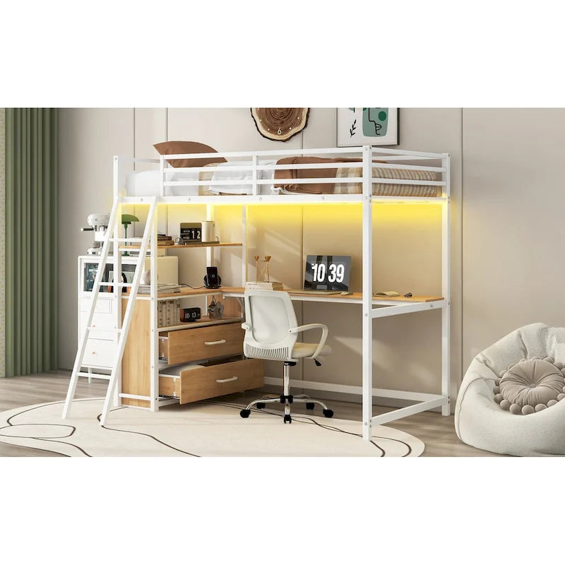 Letto a soppalco matrimoniale in metallo e legno con scrivania, mensole, luci LED e ricarica USB