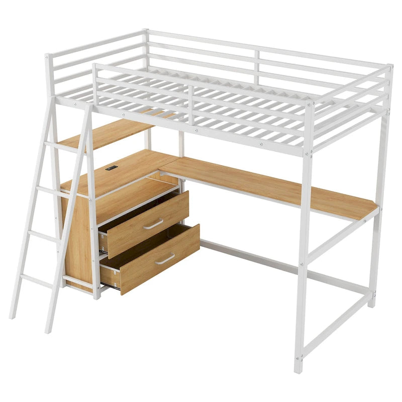 Letto a soppalco matrimoniale in metallo e legno con scrivania, mensole, luci LED e ricarica USB