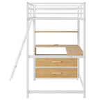 Letto a soppalco matrimoniale in metallo e legno con scrivania, mensole, luci LED e ricarica USB