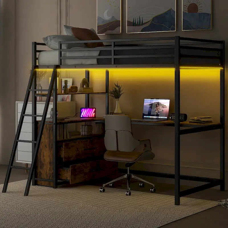 Letto a soppalco matrimoniale in metallo e legno con scrivania, mensole, luci LED e ricarica USB