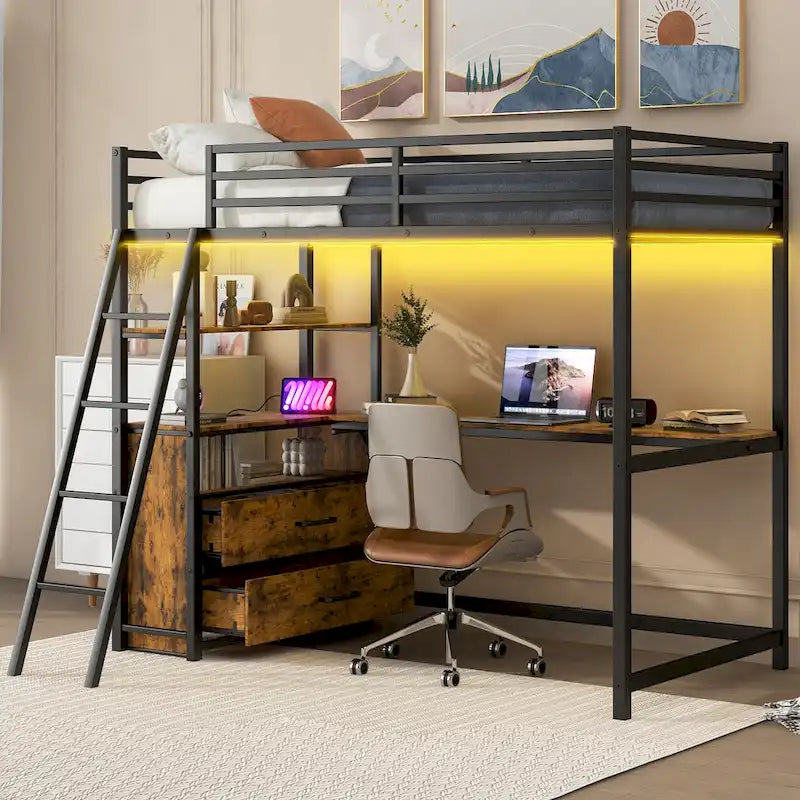 Letto a soppalco matrimoniale in metallo e legno con scrivania, mensole, luci LED e ricarica USB
