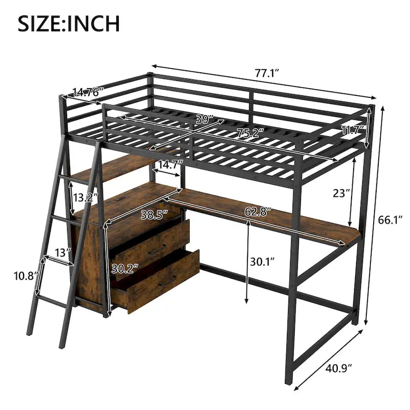 Letto a soppalco matrimoniale in metallo e legno con scrivania, mensole, luci LED e ricarica USB