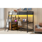Letto a soppalco matrimoniale in metallo e legno con scrivania, mensole, luci LED e ricarica USB