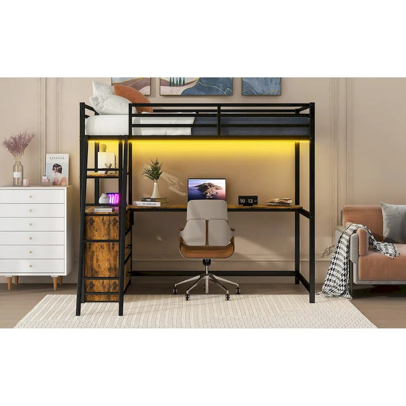 Letto a soppalco matrimoniale in metallo e legno con scrivania, mensole, luci LED e ricarica USB