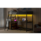 Letto a soppalco matrimoniale in metallo e legno con scrivania, mensole, luci LED e ricarica USB