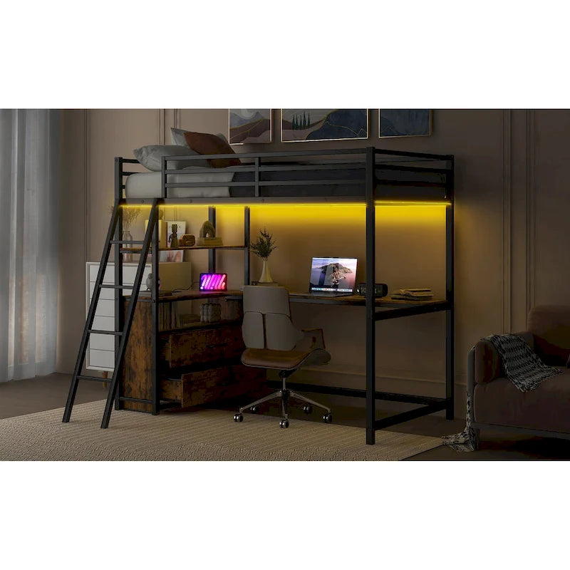 Letto a soppalco matrimoniale in metallo e legno con scrivania, mensole, luci LED e ricarica USB