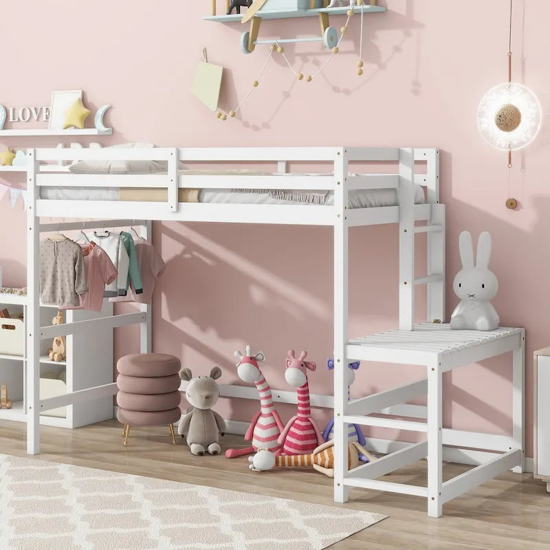 Letto a soppalco alto in legno di pino di dimensioni singole con scaletta