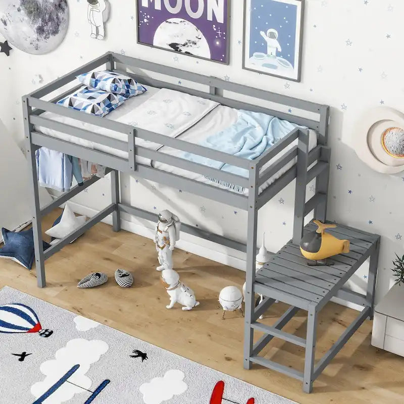 Letto a soppalco alto in legno di pino di dimensioni singole con scaletta