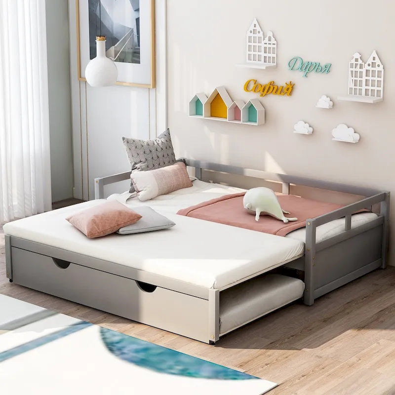 Divano Letto Singolo Estensibile Grigio in Pino con Letto Estraibile - Robusta Struttura e Kit Doghe Inclusi