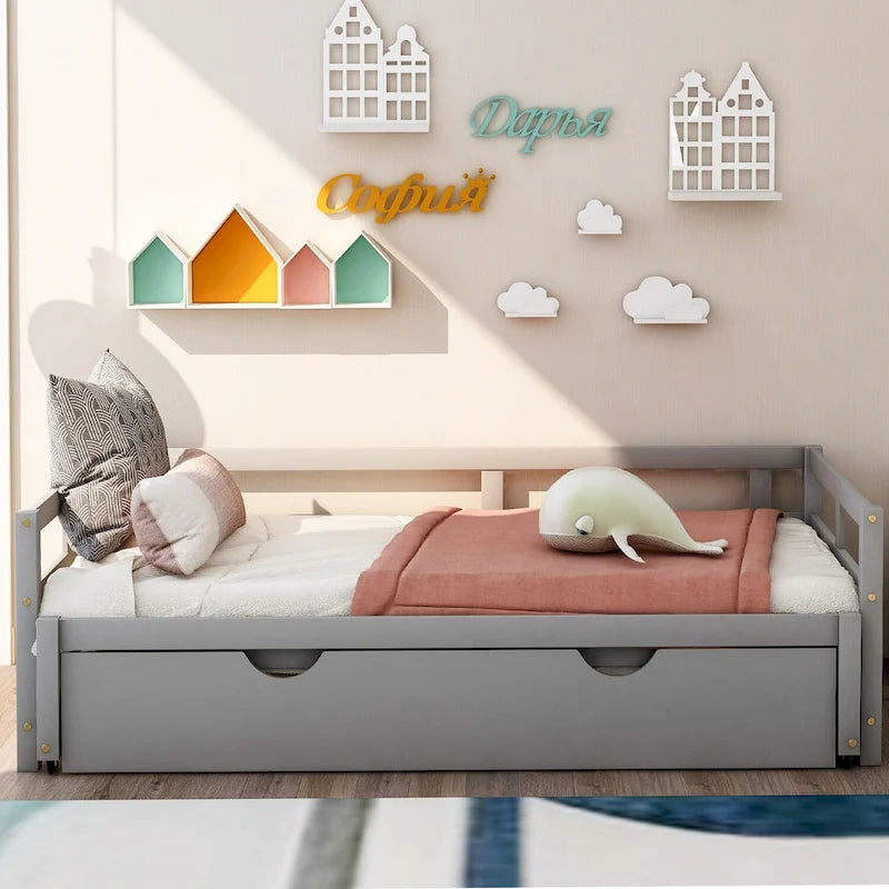 Divano Letto Singolo Estensibile Grigio in Pino con Letto Estraibile - Robusta Struttura e Kit Doghe Inclusi