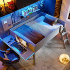 Letto a soppalco in legno per gaming full size con scrivania LED e contenitore (capacità 180 kg)