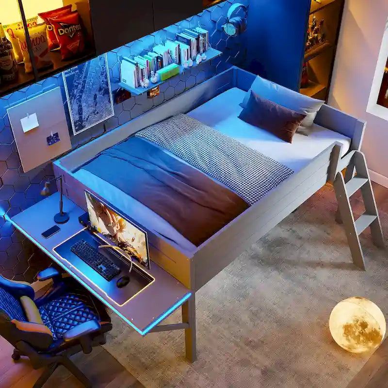 Full Size Wood Gaming Loft Bed with LED Desk & Storage (400lb Capacity)