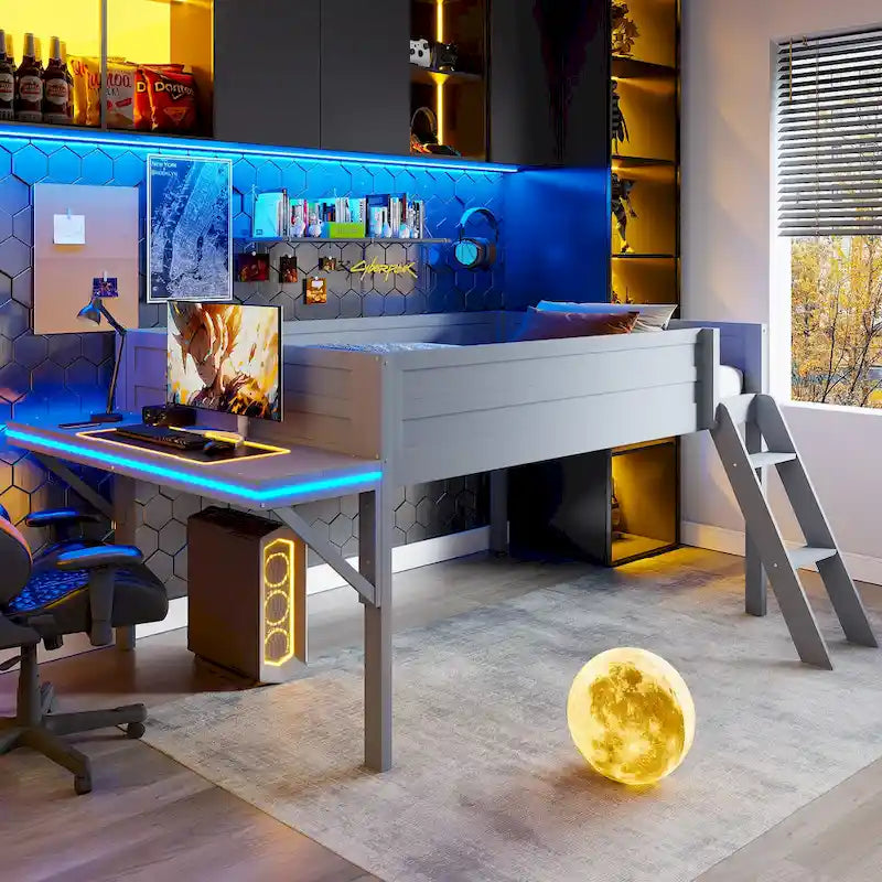Letto a soppalco in legno per gaming full size con scrivania LED e contenitore (capacità 180 kg)