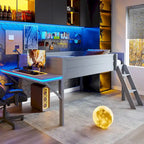 Letto a soppalco in legno per gaming full size con scrivania LED e contenitore (capacità 180 kg)