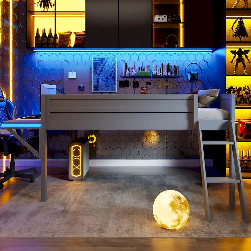 Letto a soppalco in legno per gaming full size con scrivania LED e contenitore (capacità 180 kg)