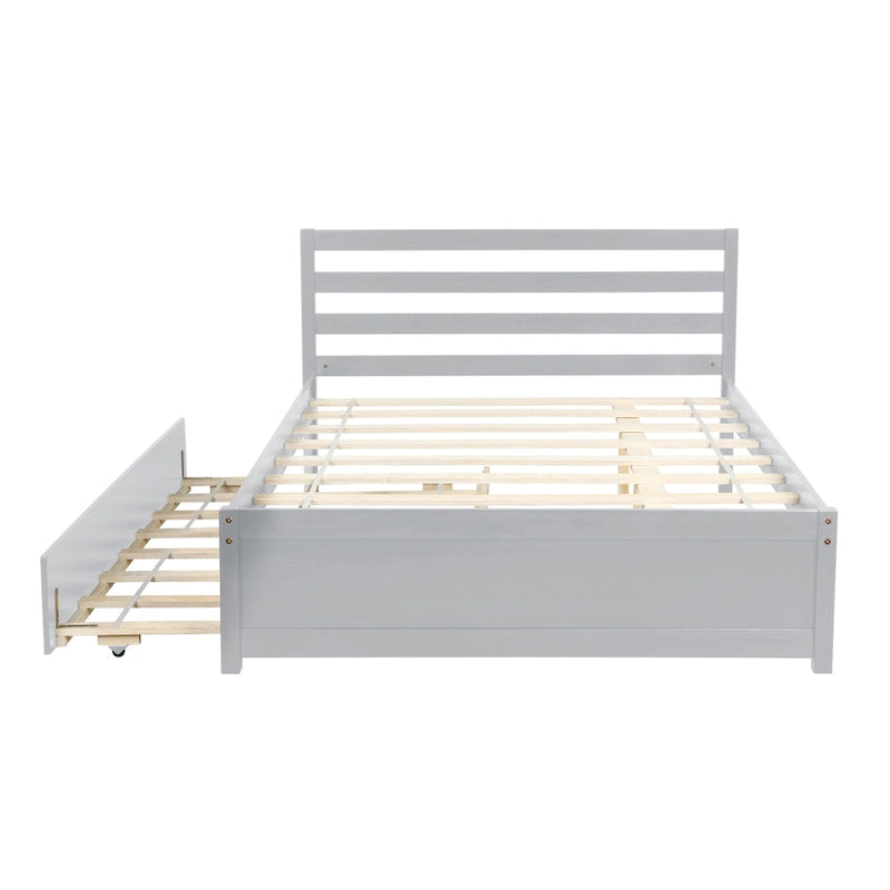 Letto a piattaforma in legno matrimoniale grigio con testiera e letto estraibile singolo - Pino resistente con supporto a doghe