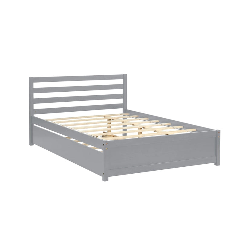 Letto a piattaforma in legno matrimoniale grigio con testiera e letto estraibile singolo - Pino resistente con supporto a doghe