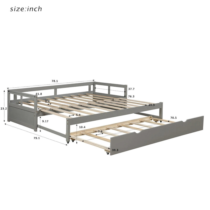 Lettino da Giorno in Legno di Pino, con Rotelle Estraibili e Kit di Doghe, Nessuna Molla Richiesta, Grigio, 125 kg