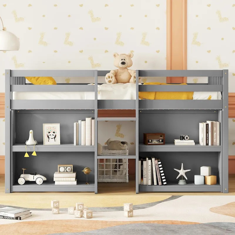 Letto a soppalco basso in legno a una piazza e mezza con due ripiani e luce LED per bambini e bambine