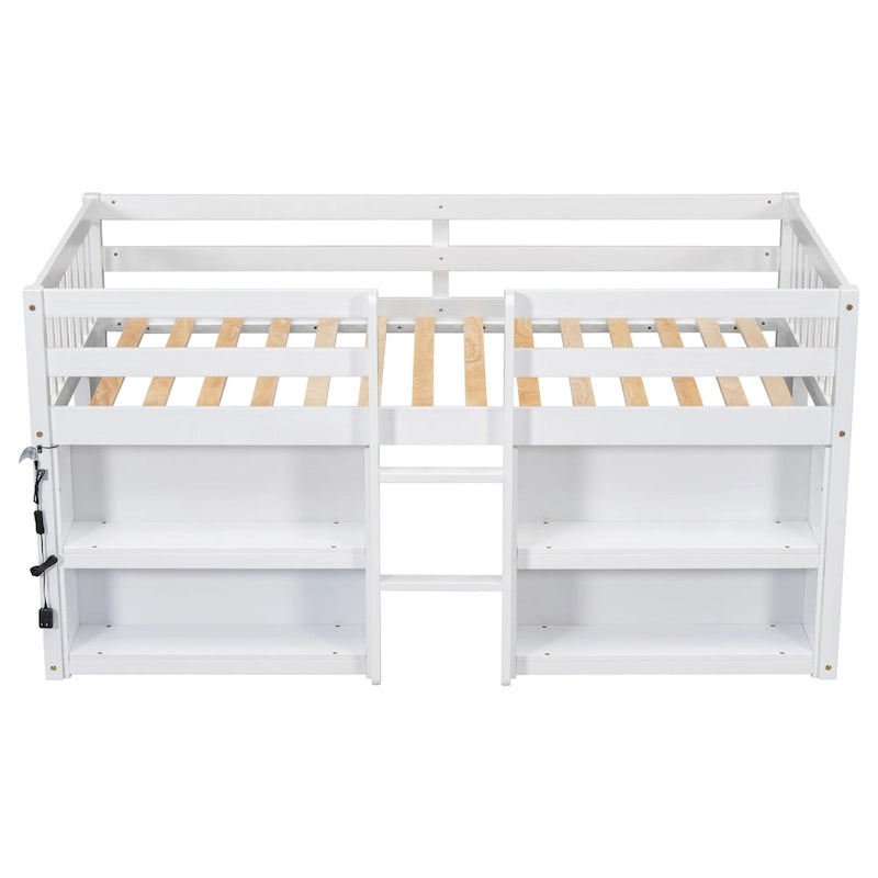 Letto a soppalco basso in legno a una piazza e mezza con due ripiani e luce LED per bambini e bambine