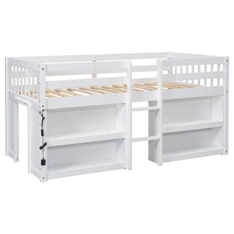 Letto a soppalco basso in legno a una piazza e mezza con due ripiani e luce LED per bambini e bambine