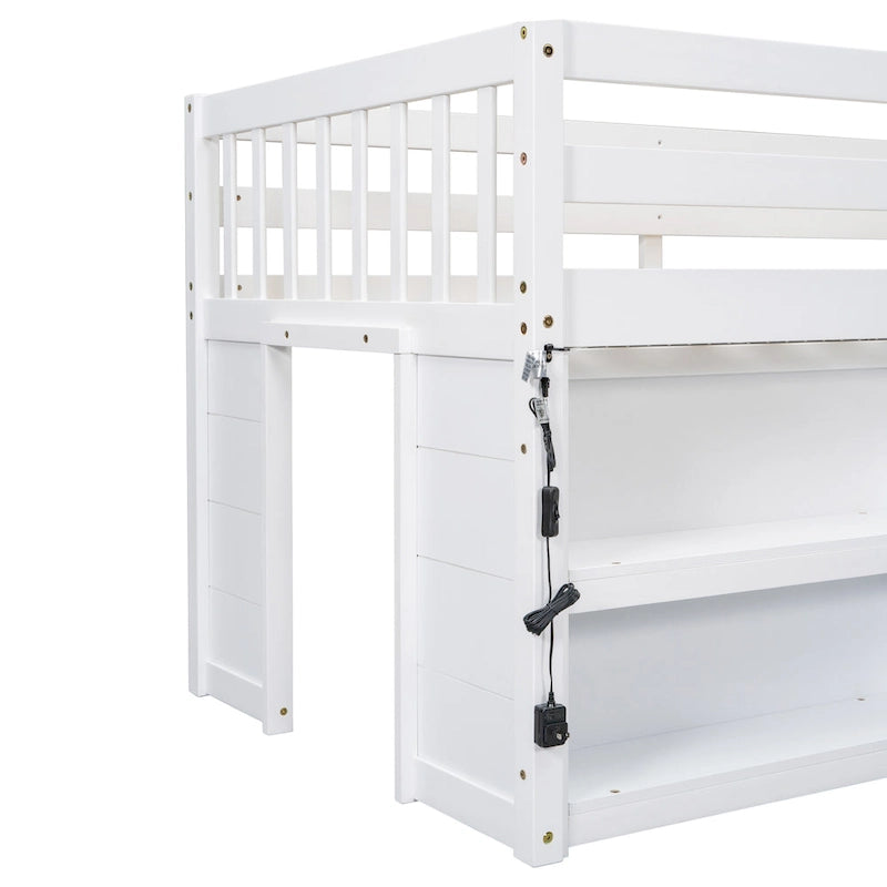 Letto a soppalco basso in legno a una piazza e mezza con due ripiani e luce LED per bambini e bambine