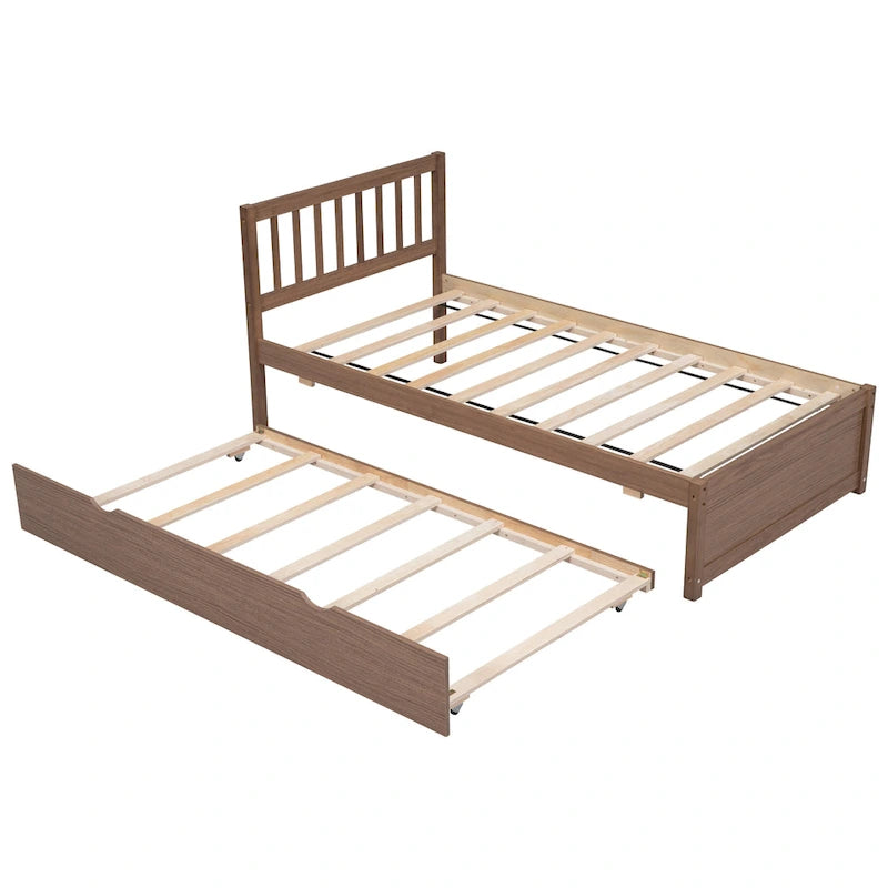 Struttura letto a piattaforma matrimoniale in legno di gomma color noce marrone con letto estraibile, design moderno, nessun bisogno di rete a molle