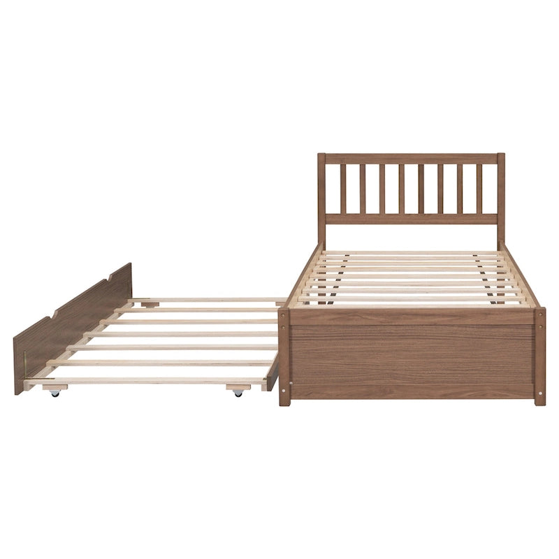 Struttura letto a piattaforma matrimoniale in legno di gomma color noce marrone con letto estraibile, design moderno, nessun bisogno di rete a molle